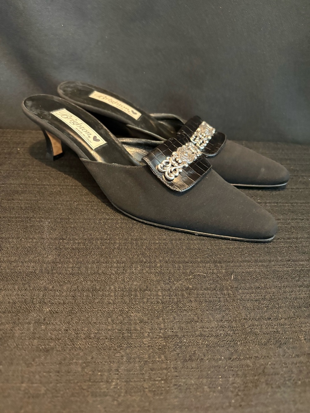 Brighton Black Suede Leather PRECIA Italy Mules Heels Shoes Womens 7.5 M